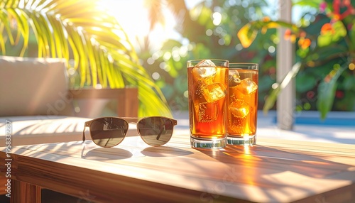 Summer drinks and sunglasses on a wooden table with tropical foliage and sunlight in the background, evoking a sense of relaxation and vacation