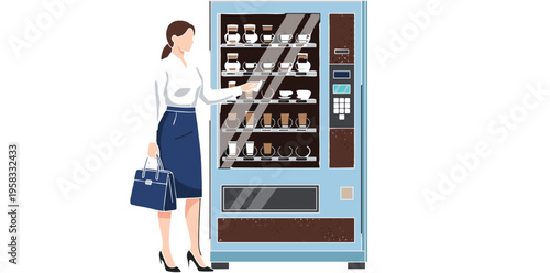 Professional Businesswoman Buying Hot Beverage From Office Vending Machine Illustration Featuring Flat Design Style For Workplace Break Room Automation And Corporate Lifestyle Concept Graphics