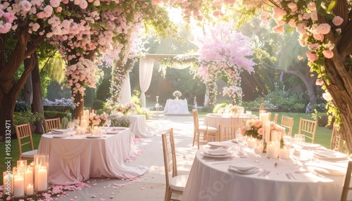 Enchanting outdoor wedding reception setup with elegant tables, floral decorations, and soft lighting creating a magical atmosphere
