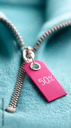 Clothing discount sale tag on zipper of blue garment for retail marketing