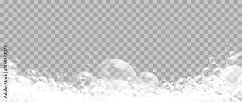 Transparent soap bubbles foam border isolated on background. Vector illustration