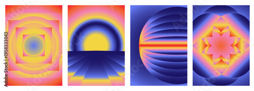 Music poster design background vector set with abstract gradient wave, radial sun and geometric shapes. Electro sound cover template for DJ, festival, party, club, social media flyer