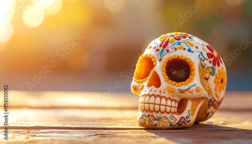 Decorated Sugar Skull on Wooden Surface with Golden Light.