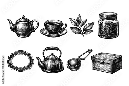 Vintage tea set elements including teapots, cup, leaves, and accessories
