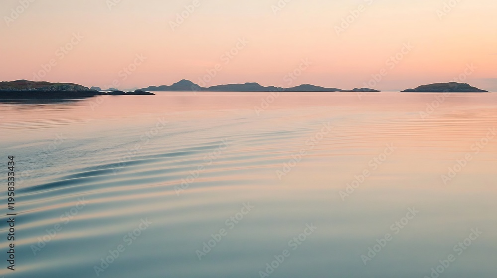 Fototapeta premium Tranquil sea view at sunrise with gentle waves and soft pink orange hues reflecting on the water Distant islands are faintly visible on the horizon creating a peaceful serene scene