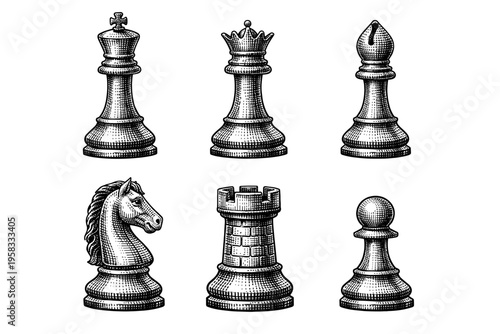 Vintage engraved chess pieces collection in black and white strategy game illustration style
