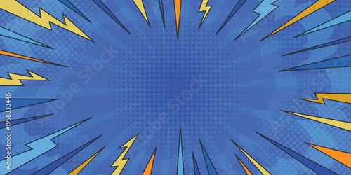 Blue comic book explosion background with lightning, speed line and yellow thunder flash. Pop art burst dynamic backdrop with halftone. Vector superhero sale banner