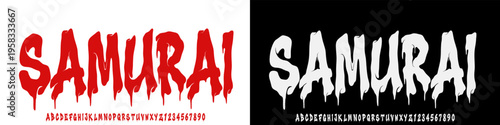 Samurai Font ,A spooky cartoon display font with dripping horror style, perfect for Halloween and fun scary designs.grunge texture. vector illustration 