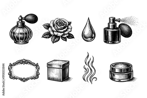Vintage perfume bottles, rose, and cosmetic elements in engraving style