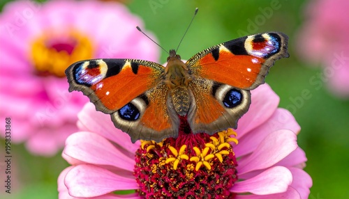 A beautiful peacock butterfly rests on a vibrant pink zinnia flower in a garden, showcasing its intricate wing patterns.