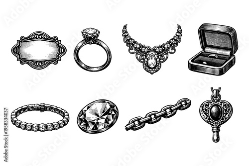 Collection of vintage jewelry illustrations including rings, necklaces, and bracelets