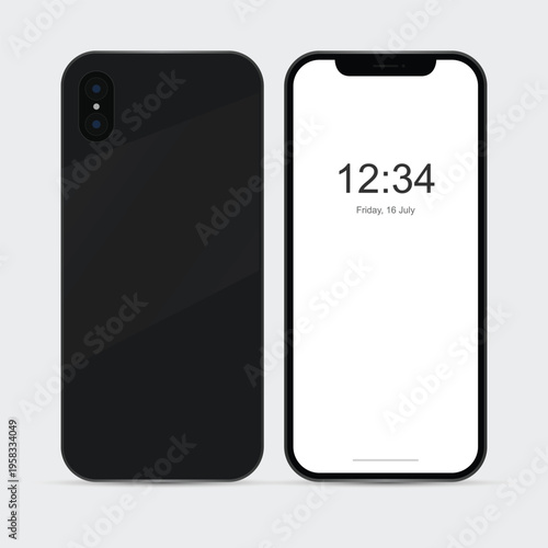 A sleek black smartphone with a modern design and a white screen displaying the time