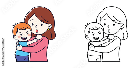 Surprised mother hugging an angry or determined little boy. Cute family cartoon illustration coloring book page with color and line art outline versions.