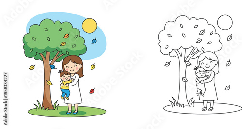 Happy mother hugging child under a tree with falling leaves. Cute family vector illustration coloring book page with full color and black and white line art outline versions.