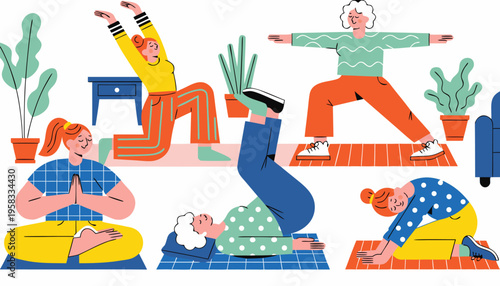 Colorful flat illustration of diverse people practicing yoga and stretching at home, including meditation, balance and flexibility poses, cozy indoor plants, modern lifestyle, wellness and fitness con