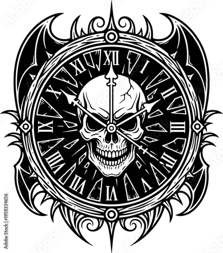 Gothic Clock With Skull Center And Ornate Details Black And White