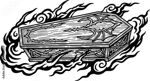 Gothic Coffin Floating in Dark Mystical Swirling Mist