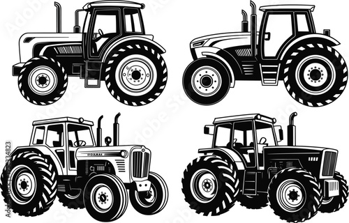 Agricultural tractor vehicle set, modern farm machinery icons isolated on white background vector illustration