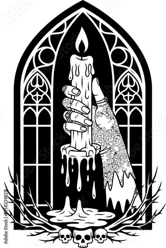Gothic Hand Holding Dripping Candle Against Stained Glass Window with Skulls