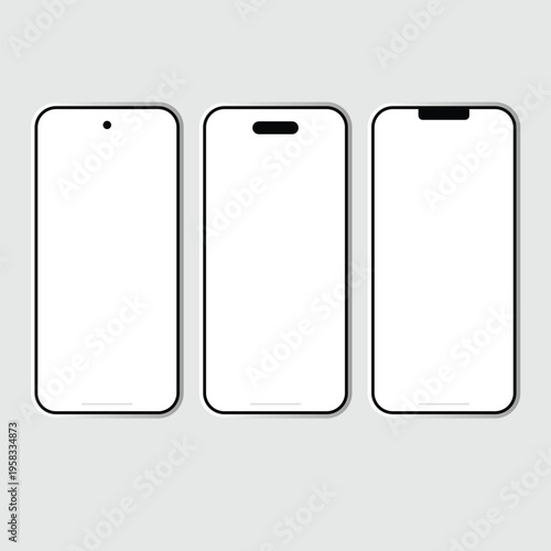 Three blank smartphone mockups with different designs on a light gray background for mobile app or website development