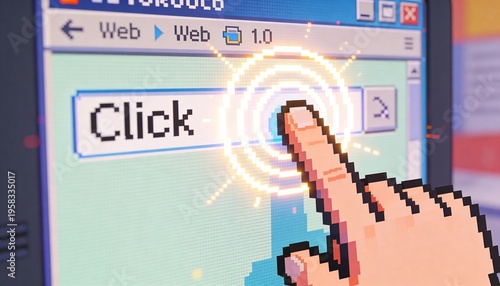 Pressing pixelated right index finger contacting retro GUI window, with 'Click' button and rings