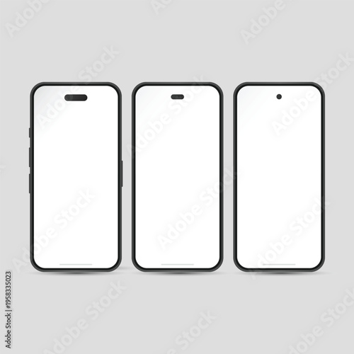 Three blank smartphone screens with black outlines on a gray background for mockup or design purposes