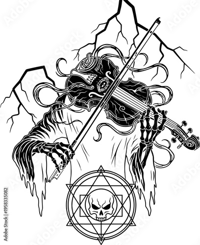 Gothic Skeleton Playing Cursed Violin With Occult Symbols And Jagged Background