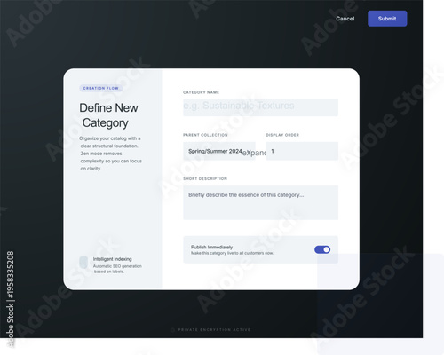 A sophisticated and clinical UI design using a high-contrast dark mode aesthetic. The layout emphasizes 'Zen mode' through generous whitespace, subtle shadows, and a restrained color palette, creating
