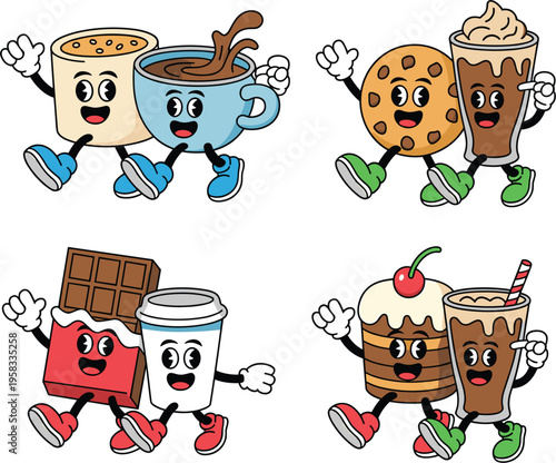 Retro cartoon coffee and sweets character set, vintage rubber hose mascot food vector illustration