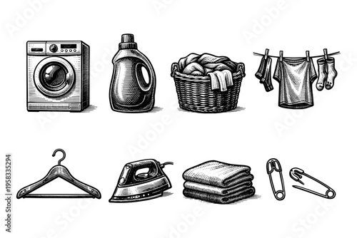Collection of laundry and cleaning supplies in a vintage illustration style