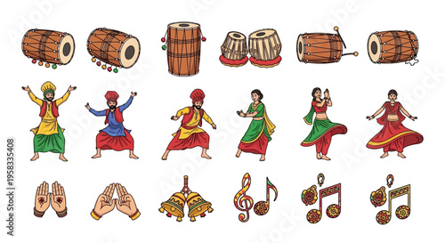 Traditional Punjabi Bhangra dancers and dhol drum set, 18 cultural vector icons. Indian folk dance performers, musical instruments, and festive elements.