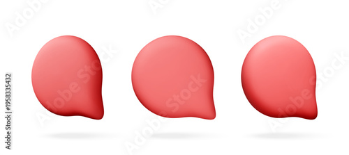 Three red speech bubbles in 3D style. Glossy communication icons for web design and social media interface. Digital chat notification symbols for messenger app or user feedback. Vector illustration