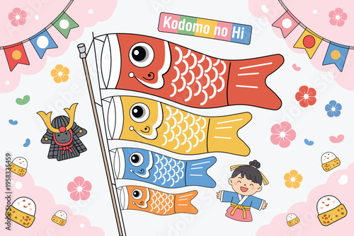 Kodomo no hi children's day celebration with koinobori carp streamers and samurai helmet
