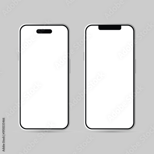 Two blank smartphones with black outlines on a gray background for mockup or design purposes