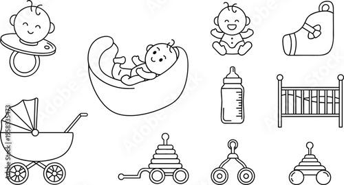 Baby care and nursery vector icon set with stroller, bottle, crib, toys and newborn elements in minimal outline style for parenting design