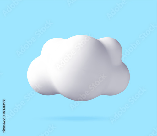 White fluffy cloud 3d illustration on blue background. Minimalist weather symbol for digital design concept. Soft smooth shape representing climate environment data storage. Vector illustration