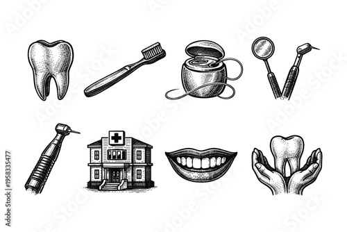 Dental care icons: tooth, toothbrush, floss, drill, clinic, mouth, and hands holding tooth