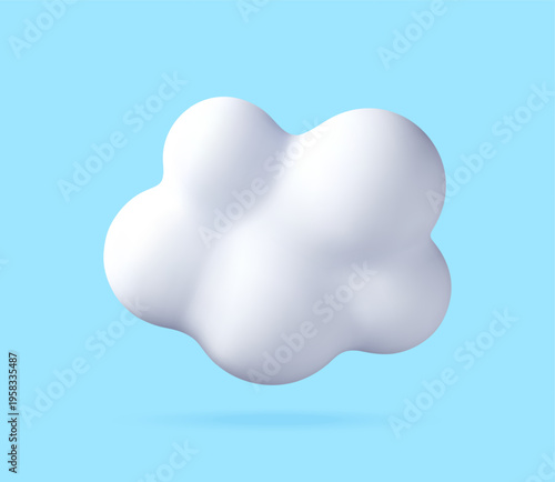 White fluffy cloud 3d icon isolated on blue background. Soft cartoon weather symbol for digital interface and app design. Minimalist render of atmosphere element for creative web. Vector illustration
