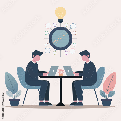 Two businessmen discussing new ideas with light bulb and data analysis chart above them