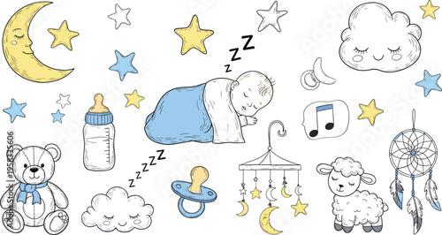 Cute baby sleep vector set with moon, stars, teddy bear, clouds and nursery elements in soft pastel hand drawn style