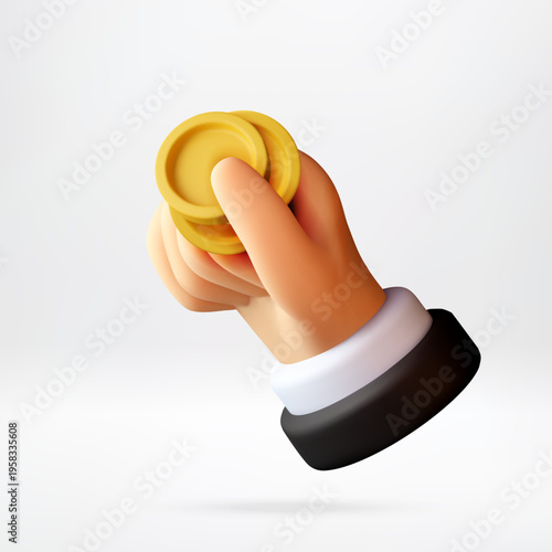 Cartoon hand holding gold coins. 3d illustration of business person with money. Financial investment and savings concept. Wealth, success and income growth rendered in graphic. Vector illustration