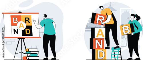 Team brainstorming session to rearrange the word brand for innovation