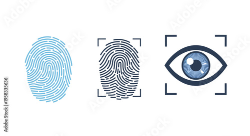 Three distinct biometric security icons, including two fingerprints and one eye with a scanning frame, are displayed on a white background.