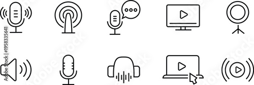 Set of ten black outline icons for podcasting and streaming microphone audio