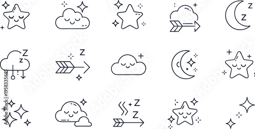 Cute sleep and night vector icon set with moon, stars, clouds, z symbols and dreamy elements in minimal outline style