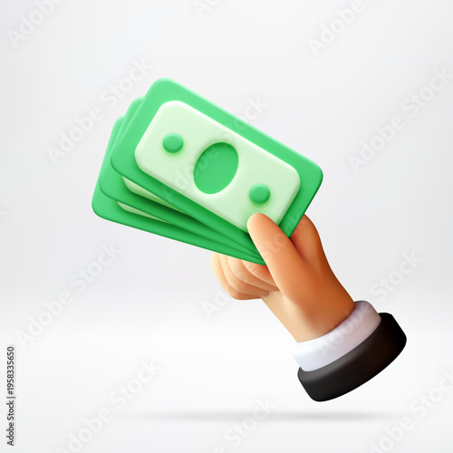 Human hand holding bunch of paper money. 3d style illustration of stacked cash banknotes. Financial concept of earning, payment, investment, banking, and wealth management success. Vector illustration