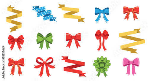 A diverse collection of fifteen colorful ribbons and bows in various styles and hues is arranged on a clean white background.