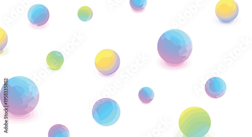 Multiple colorful, translucent spheres with gradient hues and soft shadows float against a clean white background.