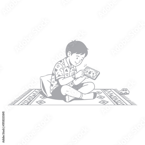 a boy is playing games on a smartphone