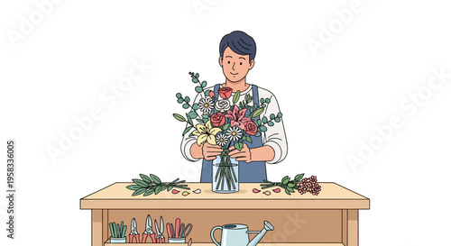 Man arranging a beautiful bouquet of flowers at a wooden table.